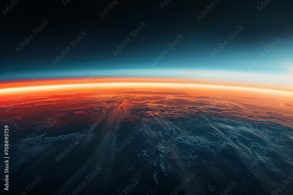 Panoramic view of twilight gradient over earthly terrain, suitable for cinematic backgrounds and environmental awareness campaigns. - obrazy, fototapety, plakaty 