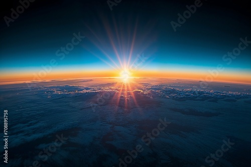 Breath-taking sunrise above the clouds, showcasing the beauty of nature's transitions. Ideal for use in travel blogs, inspirational posts, and educational earth science material.