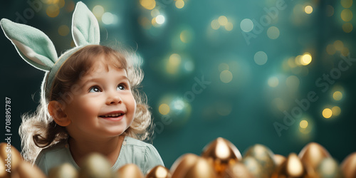 Cute smiling girl wearing Easter bunny ears and eggs with empty space for text over green background. Shallow depth of field.