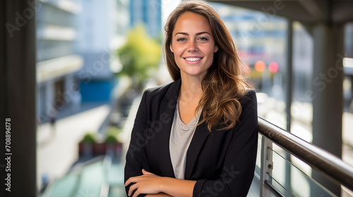 a smiling businesswoman with arms crossed, standing on a balcony