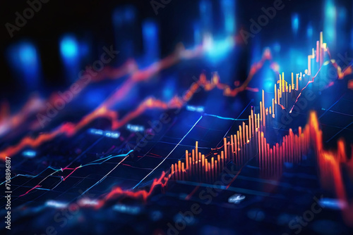 Financial Growth Perspective. Dynamic stock market visuals with digital charts and indicators on a dark blue background, symbolizing business investing and data concepts.