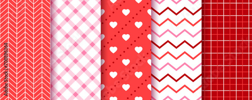 Valentine's day background. Red pattern. Seamless cute prints with heart, zigzag, herringbone and check. Set romantic textures. Pink wrapping papers. Collection backdrops. Vector illustration