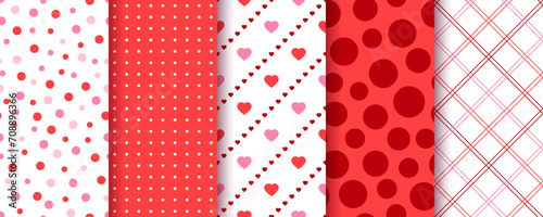 Valentine pattern. Seamless background. Red pink prints with hearts, circles and plaid. Set vintage textures. Cute wrapping papers. Collection geometric backdrops for scrapbooking. Vector illustration