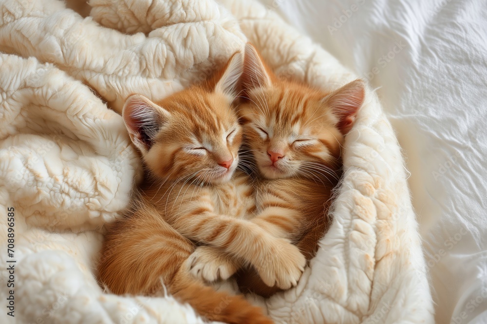 Two charming ginger kittens sleep together on a beige fluffy blanket in a bed Two charming ginger kittens sleep together on a beige fluffy blanket in a bed