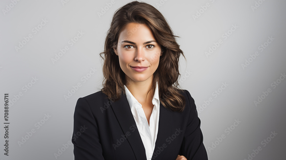 Portrait of a happy young businesswoman smiling at camera copy space ad new isolated over the bright white color background Portrait of a happy young businesswoman smiling at camera copy space ad new isolated over the bright white color background