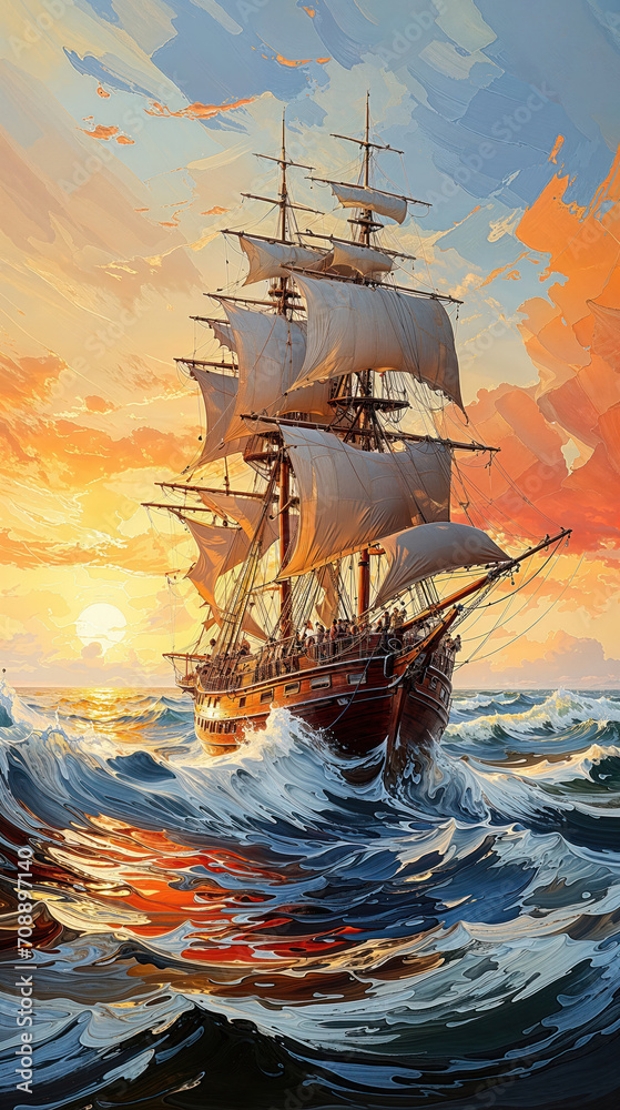 Paint like illustration of a magnificent ancient sailing ship