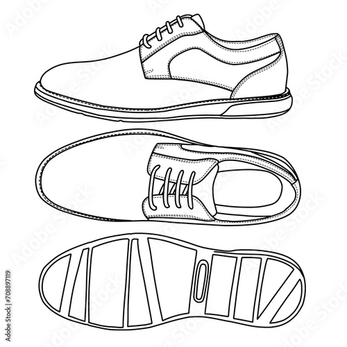 Template vector  Men's Plain Toe shoes, suitable for your custom formal dress shoes design, outline vector doodle illustration, side, top and bottom view, isolated with white background.