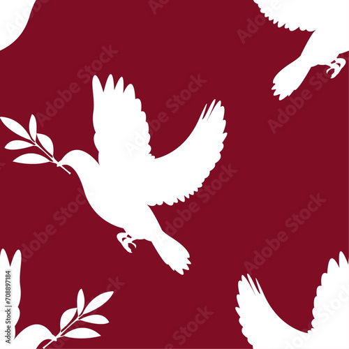 Patrón con estampado de la paloma blanca de la paz sujetando una rama de olivo con el pico y sobre fondo rojo