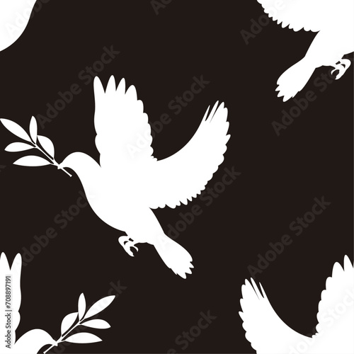 Patrón con estampado de la paloma blanca de la paz sujetando una rama de olivo con el pico y sobre fondo negro
