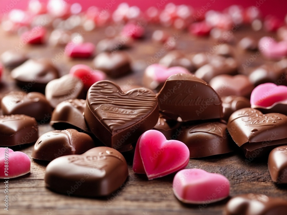 Heartshaped chocolate candies pattern on the table background for Love Valentine's concept Heartshaped chocolate candies pattern on the table background for Love Valentine's concept