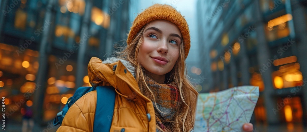 Female traveller looking left while standing in front of the building, clutching the phone and maps