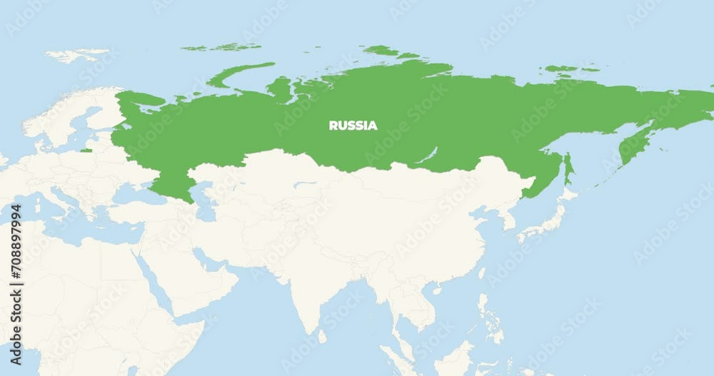 World Map Zoom In To Russia. Animation in 4K Video. Green Russia Territory On Blue and White World Map World Map Zoom In To Russia. Animation in 4K Video. Green Russia Territory On Blue and White World Map