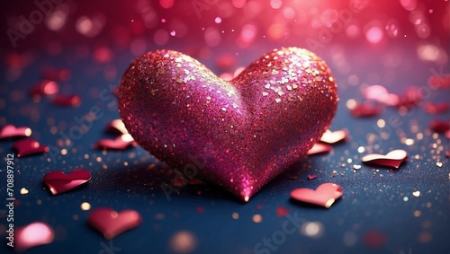 Beautiful 3D heart shapes sparkling and heart particles in blurred light background with space for text. Valentine's Day, Mother's Day or Wedding concept