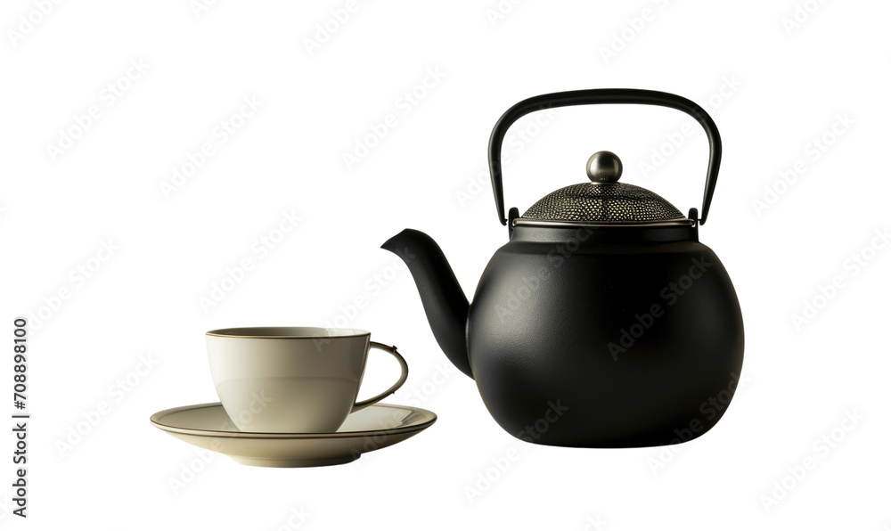 An elegant black teapot and cup with a sleek, minimalist design on a soft background.