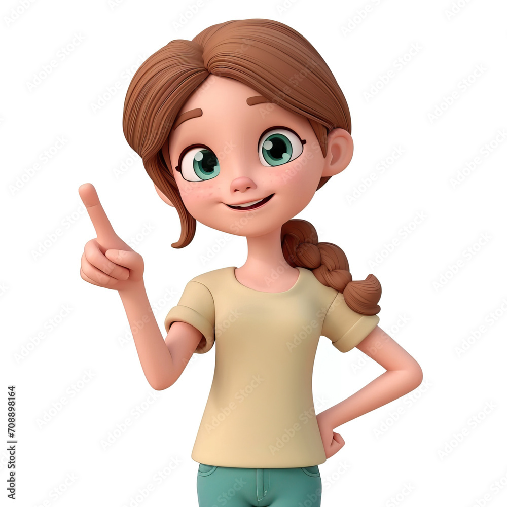 Cartoon 3d character girl on a white background points her finger up
Cartoon 3d character girl on a white background points her finger up