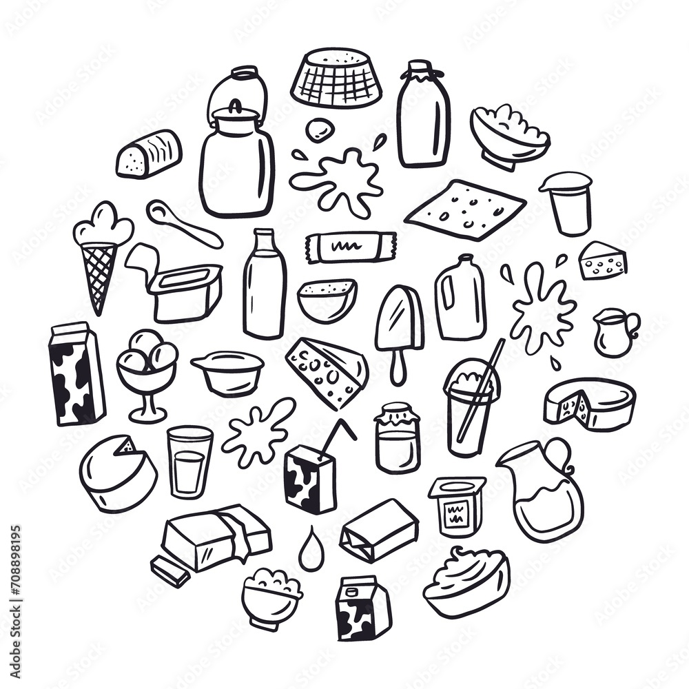 A round illustration from a collection of dairy products, hand-drawn in the style of doodles on a white background A round illustration from a collection of dairy products, hand-drawn in the style of doodles on a white background