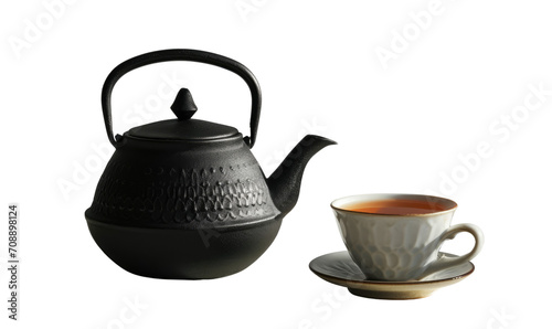 A rustic ceramic teapot and tea cup set with a charming handmade texture.