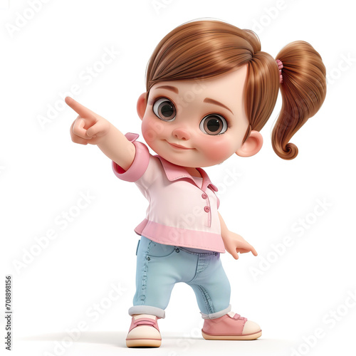 Cartoon 3d character little girl in a yellow jacket on a white background points her finger to the side
