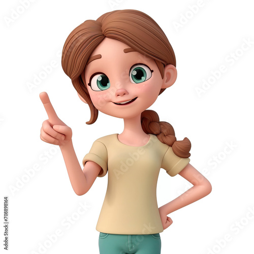 Cartoon 3d character girl on a white background points her finger up
