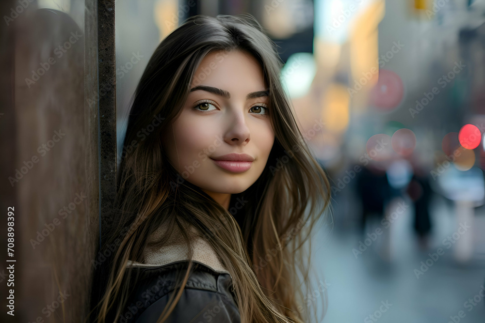 Portrait of a beautiful young woman with long hair in the city.