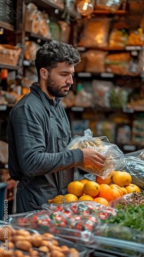 male seller putting the plastic bag on the scale to scalling it on the cashier