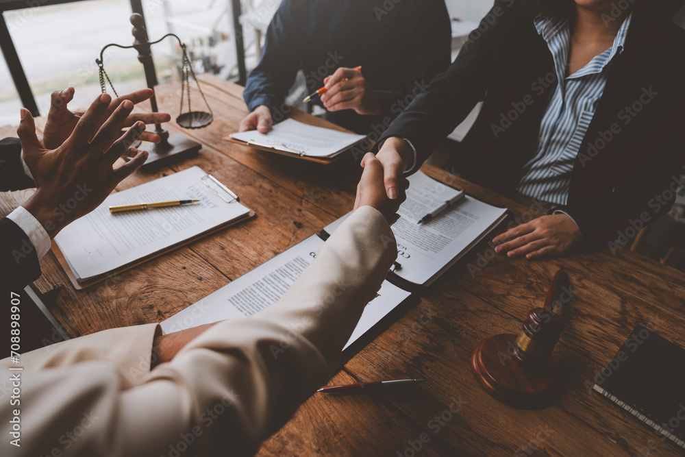 Φωτογραφία Lawyer shaking hands with businessman, investor in financial agreement, partner congratulating success or lawyer discussing contract agreement