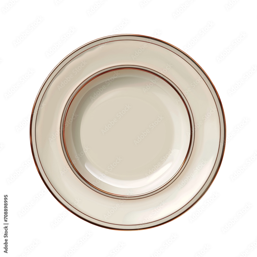 An elegant white ceramic plate with a delicate gold rim, isolated on a transparent background. An elegant white ceramic plate with a delicate gold rim, isolated on a transparent background.