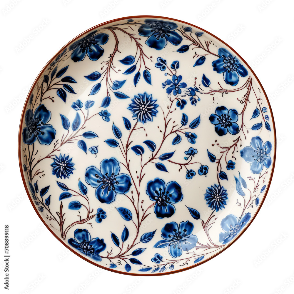 Traditional ceramic plate adorned with hand-painted blue floral patterns, isolated on a transparent background.