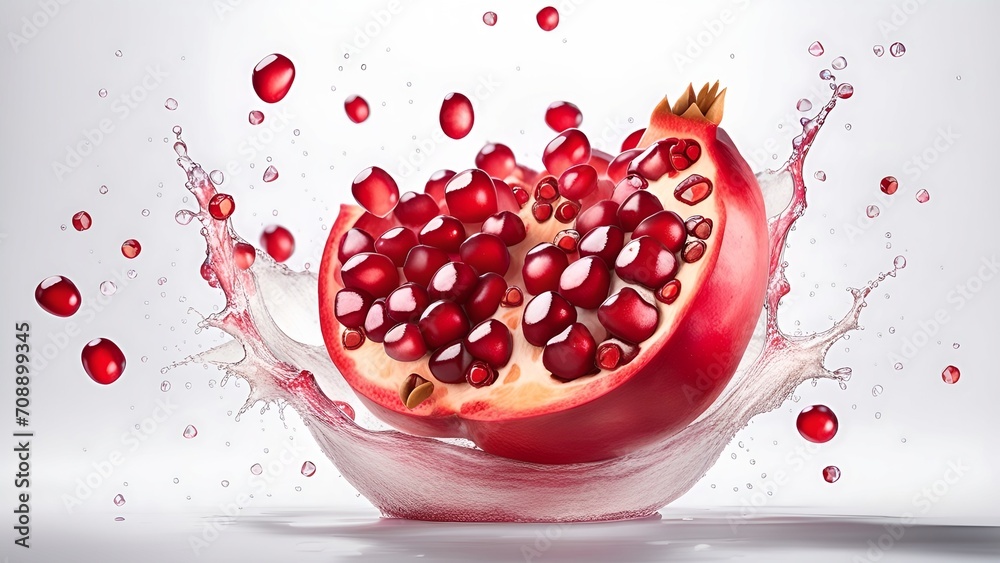 pomegranate with splashes of juice close-up, isolated on a white background pomegranate with splashes of juice close-up, isolated on a white background