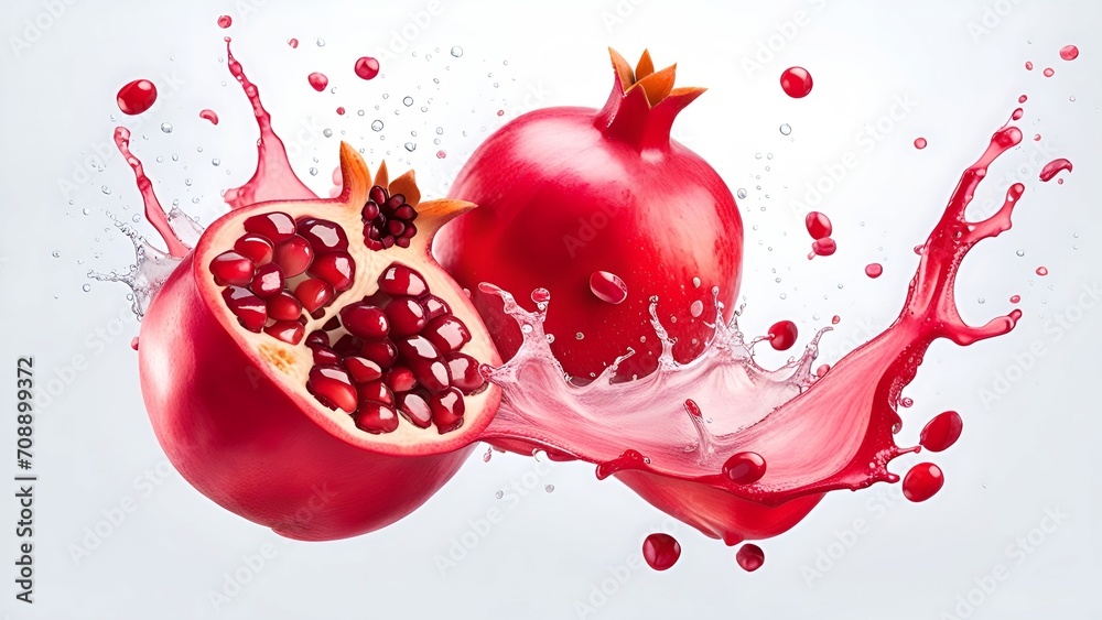 pomegranate with splashes of juice close-up, isolated on a white background pomegranate with splashes of juice close-up, isolated on a white background