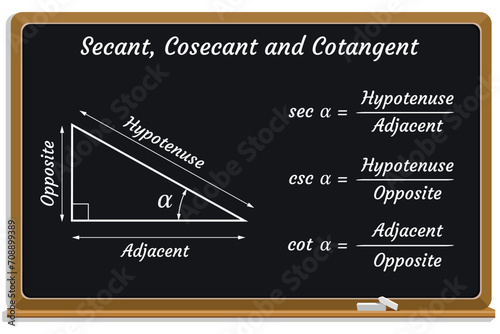 Secant, Cosecant and Cotangent on a black chalkboard. Education. Science. Formula. Vector illustration.