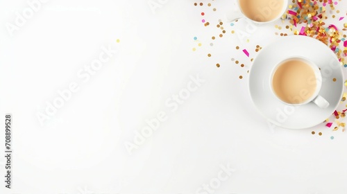 Vibrant Birthday Celebration  Cups  Plate  Confetti  and Candles in Joyful Party Setup on White Background