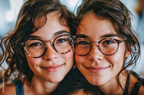 young twin sisters with glasses photo