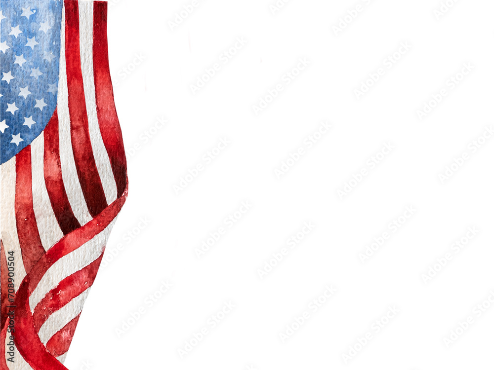 Fototapeta premium Beautiful watercolor drawing of the American Flag. Place for a congratulatory inscription. Greeting card. Closeup, textured. Congratulations for family, loved ones, relatives, friends and colleagues