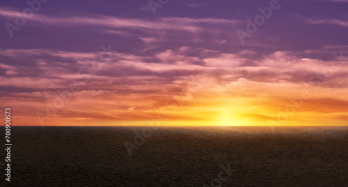 Sunset Sky,Cloud Background,Horizon Evening Summer twilight dusk sky with gloomy vivid purple, yellow, orange with sunlight reflecting on dark concrete floor texture or rough asphalt street pavement © Anchalee