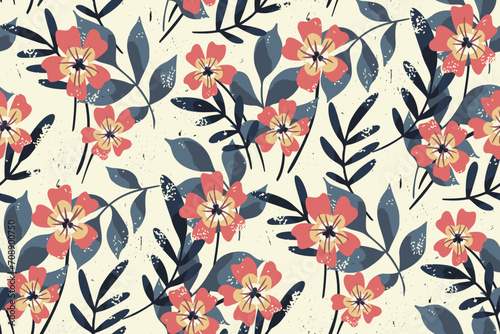 Seamless floral pattern  abstract ditsy print with shabby plants in a vintage tropical motif. Botanical design  large hand drawn red flowers  leaves  texture elements. Vector graphic illustration.