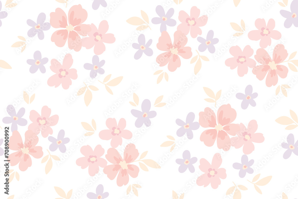 Seamless floral pattern, liberty ditsy print of pretty watercolor botany. Botanical design: small hand drawn flowers, little leaves, simple bouquets abstract on a white background. Vector illustration