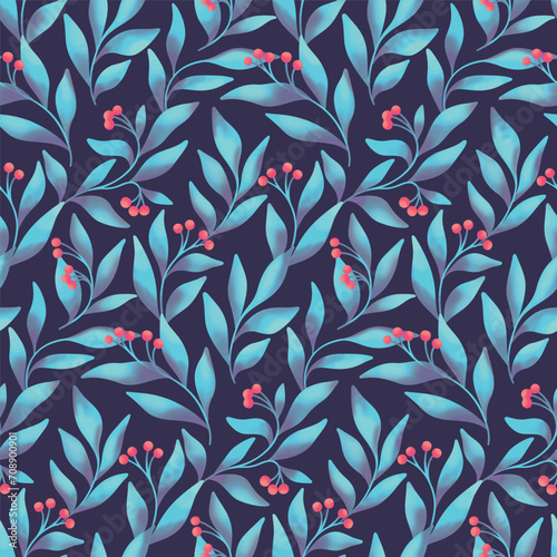 Seamless floral pattern, abstract botanical ornament of wild plants in a retro motif. Ornate botanical design: hand drawn branches, stems, small berries, large leaves on a dark blue background. Vector