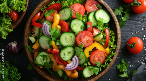 Fresh vegetable salad in a wooden bowl, top view, vegetarian food, healthy lifestyle theme