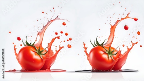 tometo with splashes of juice close-up, isolated on a white background