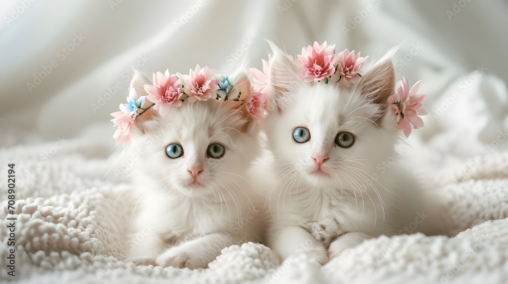 Two white kittens wearing pink flower crowns