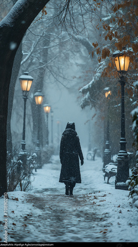 Solitary Figure Walking in Snowy Park with Glowing Street Lamps