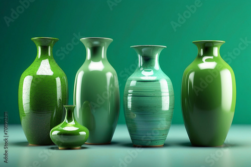 "Ceramic Vases with Flowers on a Green Background" Generative AI.