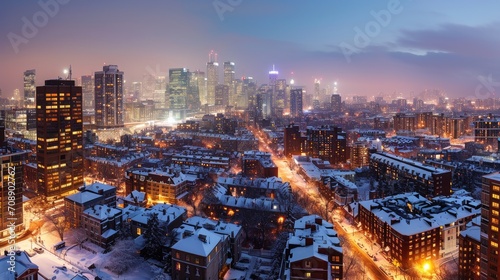 view of a cold scenic cityscape skyline covered with snow in winters