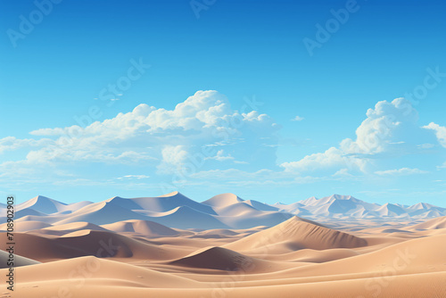 An expansive desert landscape with towering sand dunes and a clear blue sky, capturing the stark beauty and simplicity of nature, ideal for minimalist presentations.