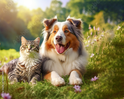 Cute Aussie dog and cat lie together in nature on green grass on a spring sunny background