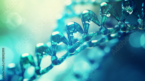 Close-up of a DNA molecule with a focus on the helical structure in vibrant blue and green colors, biotechnology, medicine, science © Alina Nikitaeva
