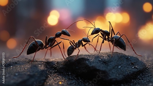 Ants in the hot afternoon on the road are like a small army working tirelessly.