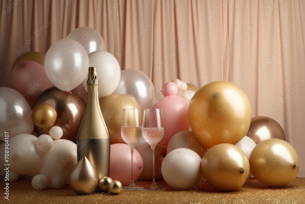 Birthday background champagne balloons. Colorful and festive party with glass. Generate AI Birthday background champagne balloons. Colorful and festive party with glass. Generate AI