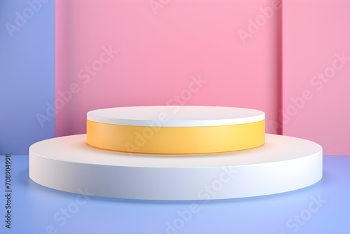 White realistic 3d cylinder pedestal podium with pastel yellow, blue and pink in semi circle backdrop for product.Abstract vector rendering geometric platform. Product display presentation. Minimal